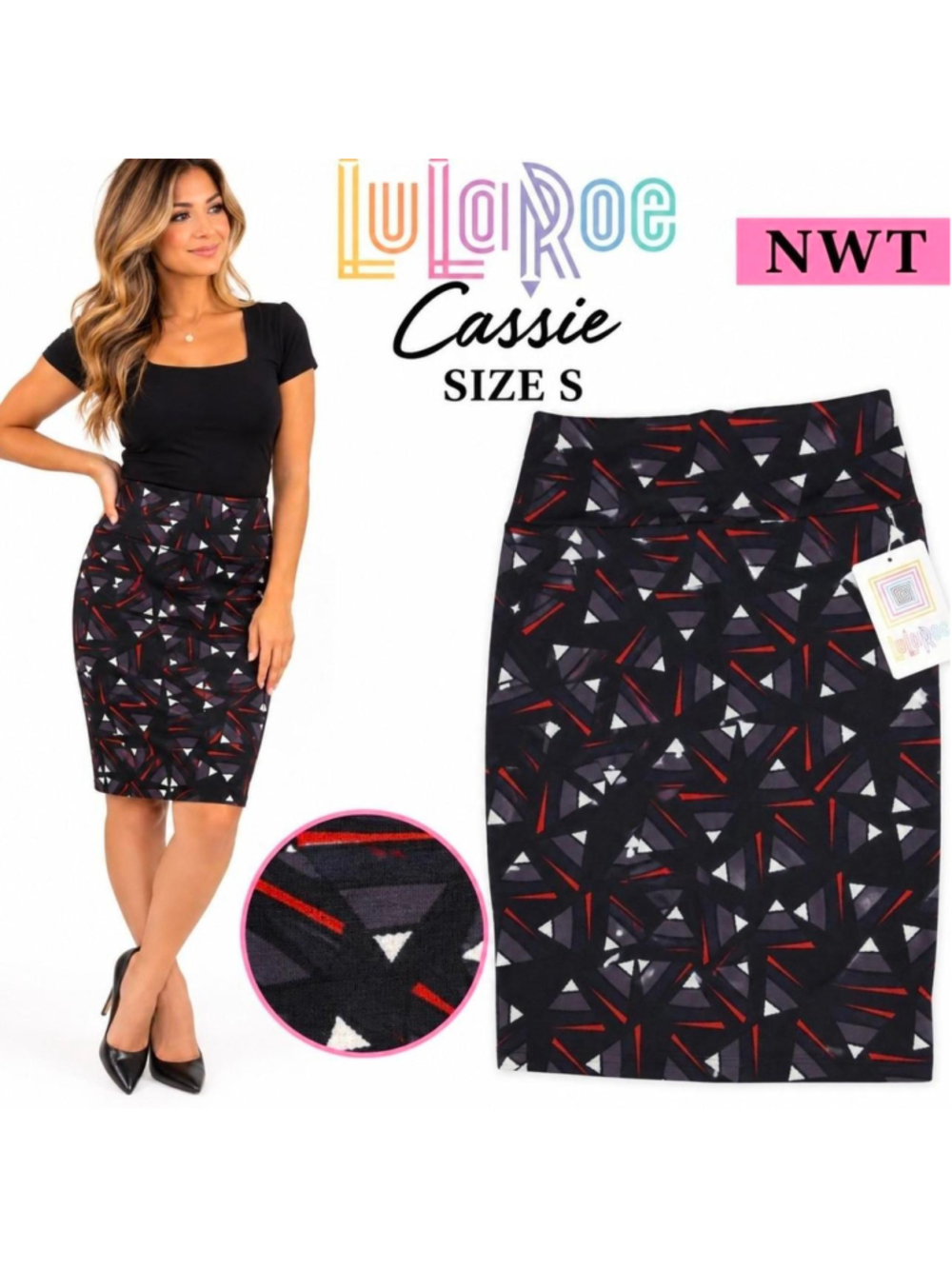 LuLaRoe Cassie Geometric Pencil Skirt Black Red Gray NWT Small